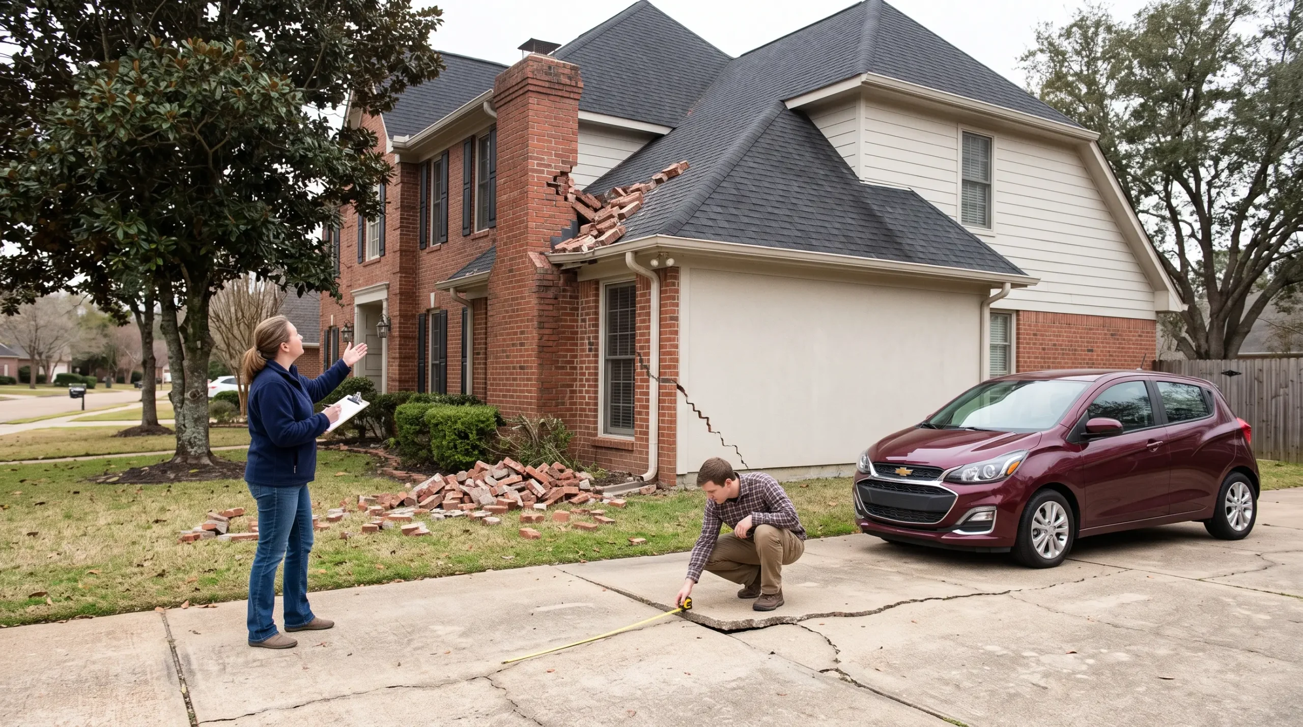 A man measures a cracked driveway while a woman inspects a damaged brick house with a broken chimney.